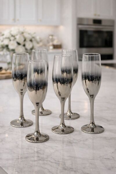 isra kristal Decorative Silver Footed Glass Cup Set of 6 – Stylish Goblet with Silver Detail - Luxury Glass Set -190Cc