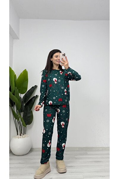 TUNAM BUTİK Pj14 Suede Snowman Pajama Set Fit Mold Green