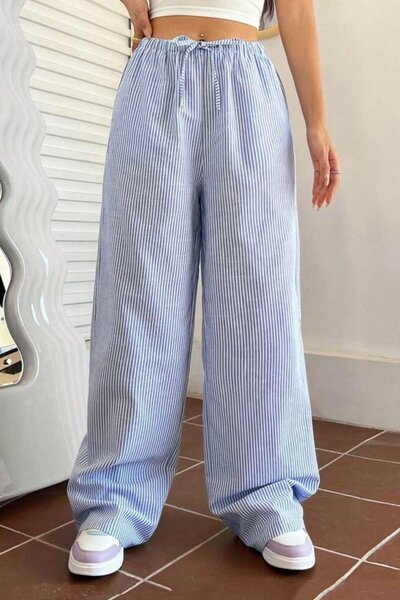 BALİNA Mavi Renk Oversize Dik Şeritli İnce Paça Ayarlanabilir Eşofman Altı
