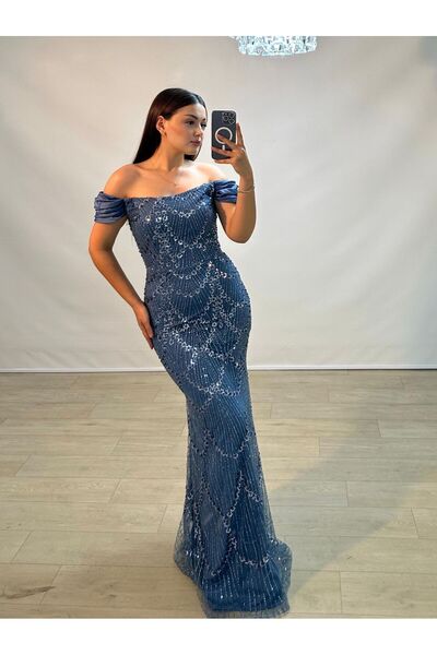 OLA Divor Boncuk Ve Payet İşlemeli Saten Düşük Kollu İndigo Mavi Abiye Elbise