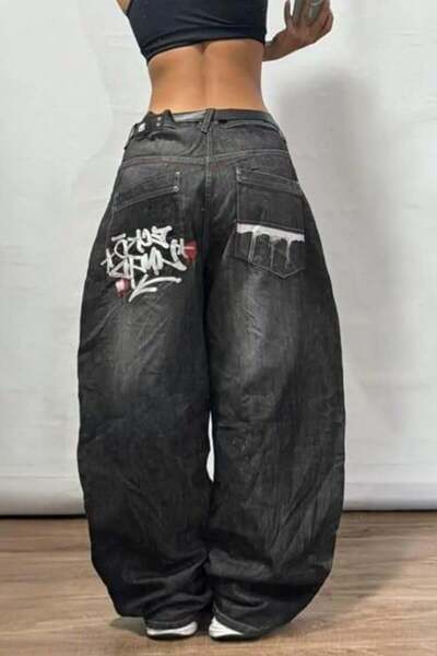 8line Black Graffiti Washed Harajuku Baggy Y2K Pants