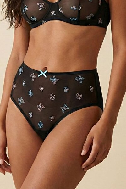 Manken Women's Black Plus Size High Waist Embroidered Transparent Tulle Luxur...