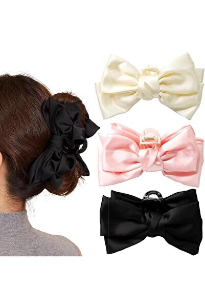 Arabest 3Pcs Bow Claw Clips,Satin Bow Clips,Matte Non-Slip Short Hair Accessories,Non-Slip Claw Clips
