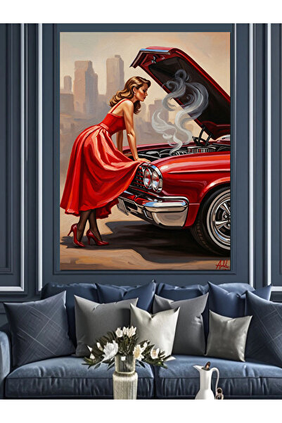 Artmeg Pânză decorativă cu ilustrație de femeie cu mașină roșie - Tablou din ...