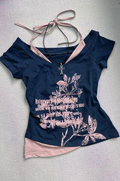 8line Navy Blue if a Kiss Was Madonna Collar with Additional Straps Short Sle...