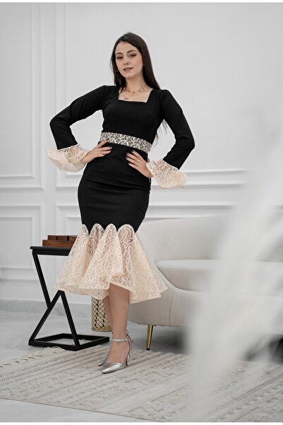 TREN Luxurious Feather Detail Crepe Midi Dress Stone Embellished Lace Belt Evening Party Formal Wear