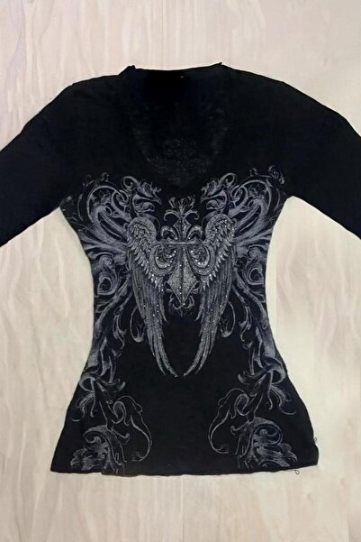 BALİNA Siyah Vintage Gotik Wing Kısa Y2K Uzun Kollu Crop