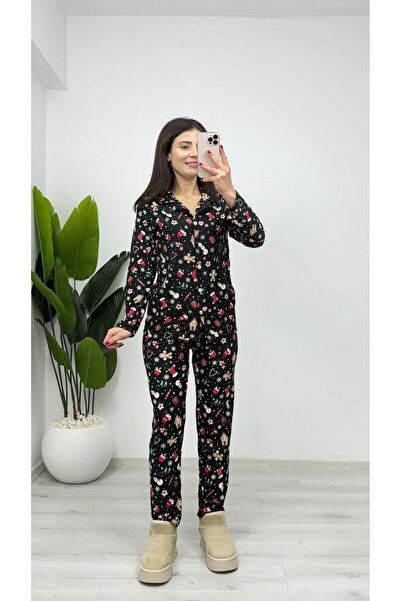 TUNAM BUTİK Pj14 Suede Buttoned Shirt Collar Pajama Fit Mold Set Black