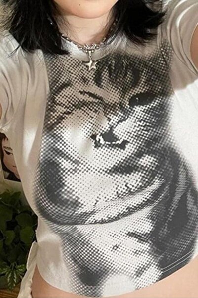 BALİNA Beyaz Baby Cat Gotik Y2K Kısa Kollu Crop
