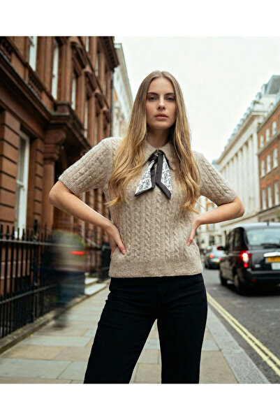 Shophia Women's Short Sleeve Scarf Knitwear Sweater Beige