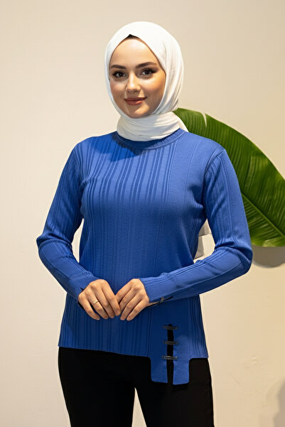 Lale Butik Accessory Detailed Knitwear Sweater 2007 Cobalt