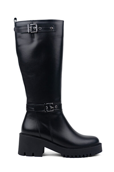 RABU Black Genuine Leather Zippered Buckle Women's Boots |   Thick Platform S...