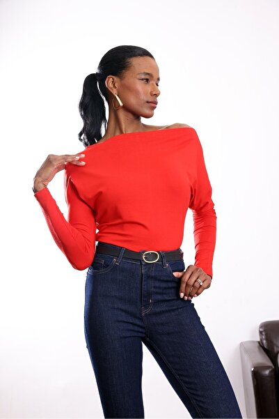 5in1Canpolat Μπλούζα με λαιμόκοψη κόκκινο χρώμα 251080