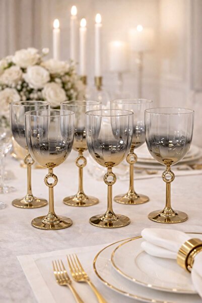 isra kristal Decorative Gold Footed Glass Cup Set of 6 – Stylish Glass with Gold Detail - Luxury Glass Set - 280Cc