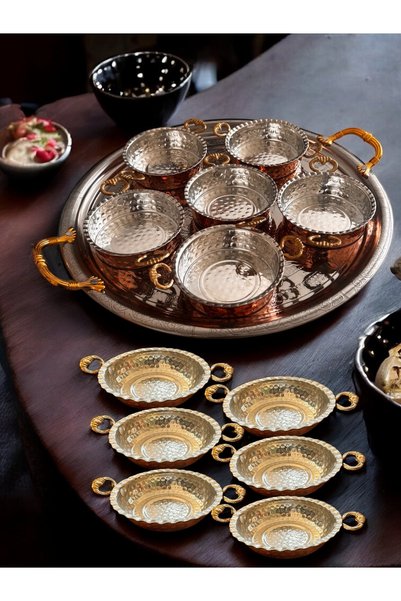 BARITCIOGLU Presentation Plate Chrome Tray Copper Breakfast Skillet Pan Set