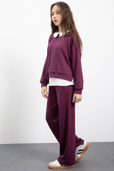 CansınMini Girl's 3-Piece Shirt Set with Burgundy Stone Detailed Pants 23479