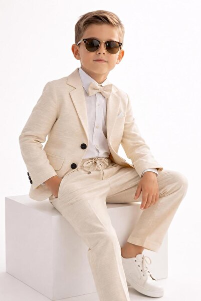 Terry Boys' flared linen loose-fitting suit with jacket / shirt, trousers, jacket, and bow tie linen suit