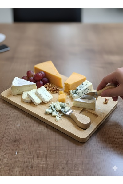 Real Mutfak Bamboo Cheese Board with 3 Stainless Steel Knives Bamboo Handle C...