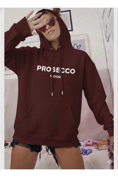 NO 601 Hanorac cu glugă groasă, brodat, Prosecco Burgundy pentru femei