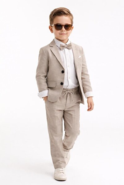 Terry costum pentru băiat din in, cu jachetă casual / cămașă, pantaloni, jachetă, papion, costum din in