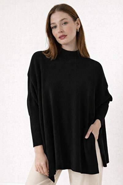 MISSRUBA Kadın Yırtmaçlı Siyah Panço Kazak DP0001