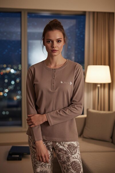 PİJAPİA Premium 100% βαμβακερό γυναικείο σετ πιτζάμες με μακριά μανίκια βιζόν