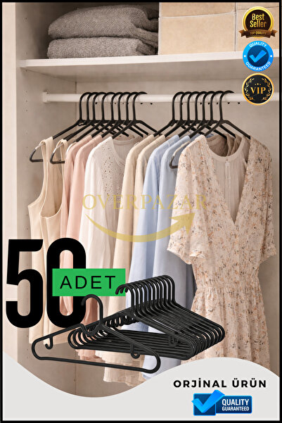 Overbazaar 50 Pack Black Plastic Clothes Hangers – Space Saving, Thin and Durable