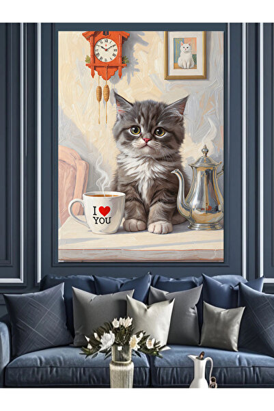 KanvasSepeti Pictură în ulei de înaltă calitate cu pisoi care bea cafea d tex...