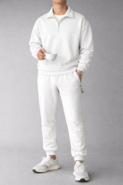 AFROGİYİM Three Thread Sh Fleece-Lined D Mock Neck Zippered Men's Tracksuit Set