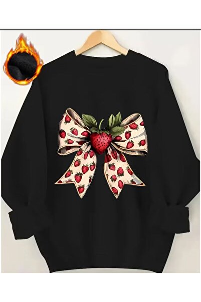 herkesemoda Detaliu de imprimare cu panglică cu căpșuni guler rotund Swea tricou