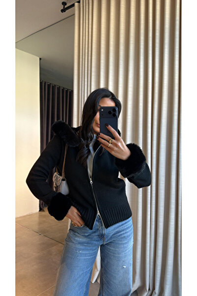 My Blog Black Hooded Fur Cardigan - 251098