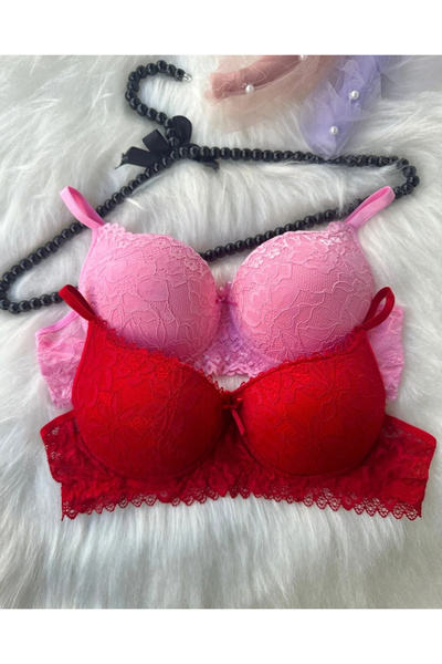 lenastella Red Pink Padded Lace 2-Piece Bra