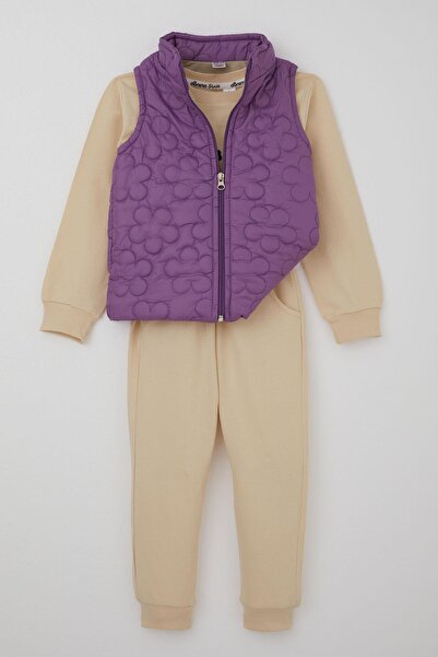Donino Baby Donino Girl's Tracksuit Set Flower Printed Quilted Micro Vest Set 2-5 Years Old, Cream