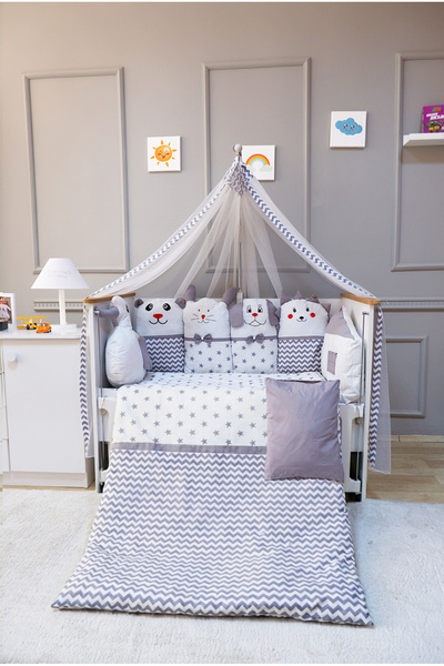Yuar Baby Cheerful Animals 11 Piece Crib Sleeping Set Gray