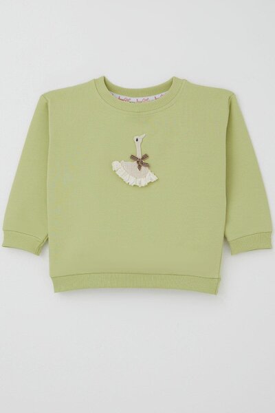 Breeze Girl's Sweatshirt with Swan Emblem and Bow Detail, Ages 2-6, Pistachio Green