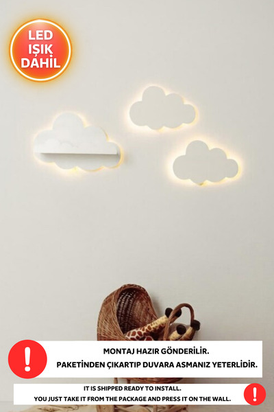 Dekorvin 3lü Set 1 Adet Bulut Raf 2 Adet Bulut Led Işıklı Çocuk Odası Gece La...