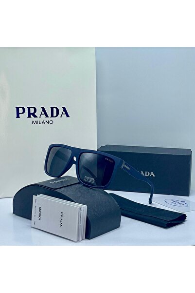 Sunglasses Men's glasses with a blue frame and black lenses, come with a case, tissue and paper bag.