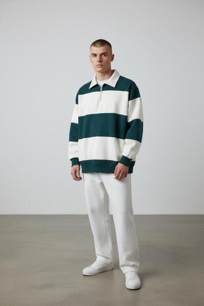 Altamira Men's Petrol Blue Striped Oversized Half Zipper 3 Thread Fleece-Line...