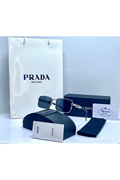 Sunglasses Men's glasses with a silver frame and black lenses, with a case, handkerchief and formal paper bag.