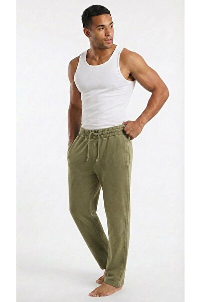 KLY بنطال رياضي رجالي مصنوع من القطن بنسبة 100%، قطعة واحدة، قصة مريحة، لون زيتوني C7T3N01