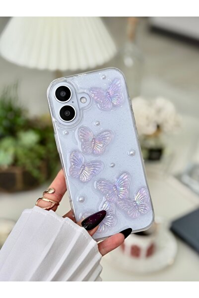 Go Aksesuar جراب سيليكون مرن متوافق مع آيفون 16 بتصميم فراشة أرجوانية مع لعبة