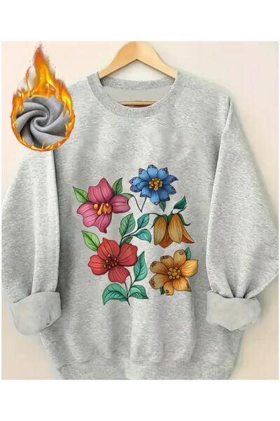 herkesemoda Detaliu de imprimare cu flori colorate guler rotund Swea tricou