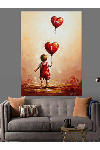 KanvasSepeti Copil cu baloane în formă de inimă Pictură în ulei de înaltă cal...