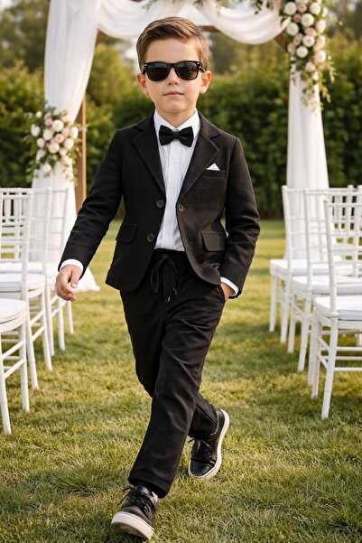 Terry costum pentru băiat din in, cu jachetă casual / cămașă, pantaloni, jachetă, papion, costum din in