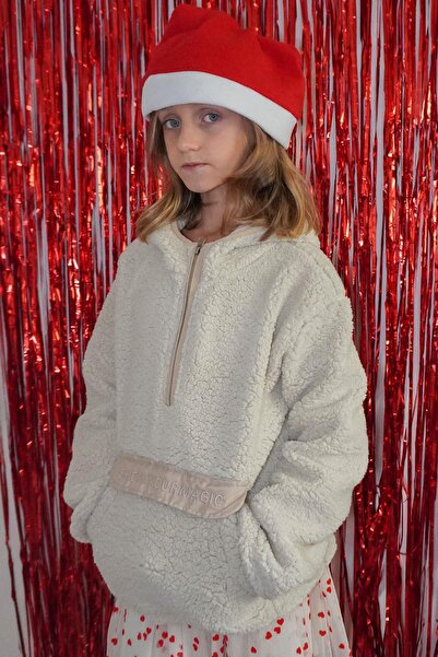 REYCAN Girl's Plush Sweatshirt Hooded with Kangaroo Pocket, Age 5-8, Stone