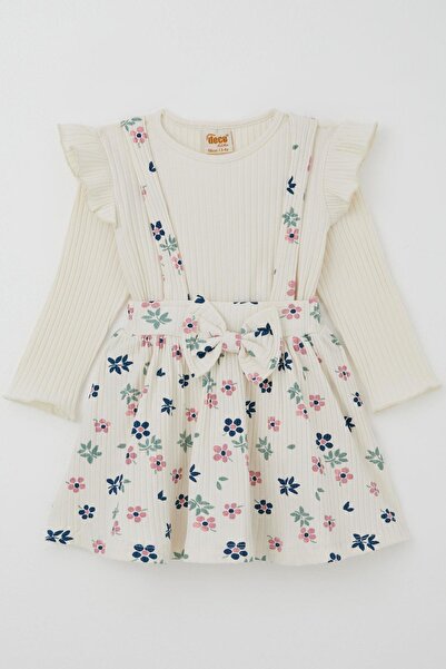 DECO Girl's Long Sleeve Jile Dress with Floral Pattern, Bodysuit with Bow Detail, Ages 2-5, Ecru