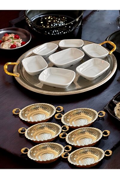 BARITCIOGLU Presentation Plate Chrome Tray Copper Porelin Breakfast Plate Pan Set