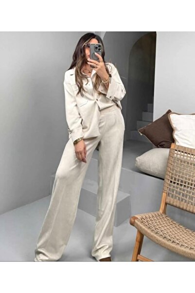 Butik nubuk pantolon gömlek takım ekru
