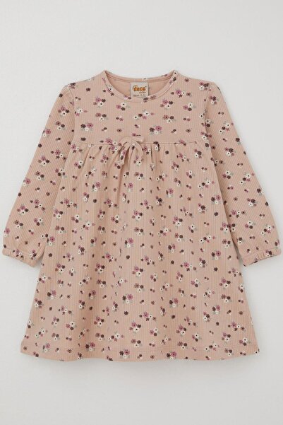 DECO Дівчача сукня з довгими рукавами, квітковий візерунок, аксесуар у вигляді бантика, 2-5 років, пудровий колір