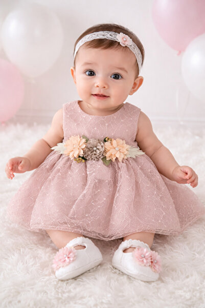 Minia Kız Bebek Pudra Dantel Elbise – Çiçek Detaylı Özel Gün Elbisesi (Ayakka...